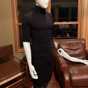 Stylish Black Sweater Dress w/Half Sleeves and Turtleneck Size L Knee Length